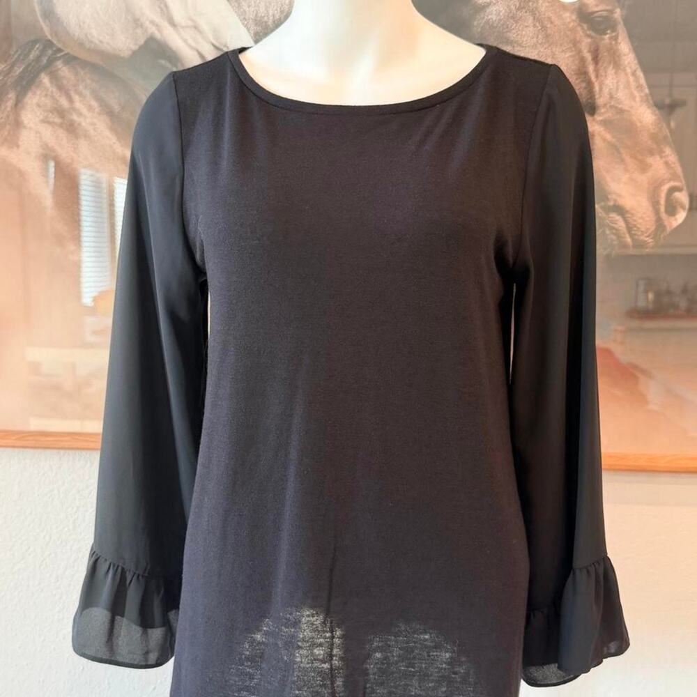 0107 LOFT Black sheer blouse with ruffle sleeves, size M